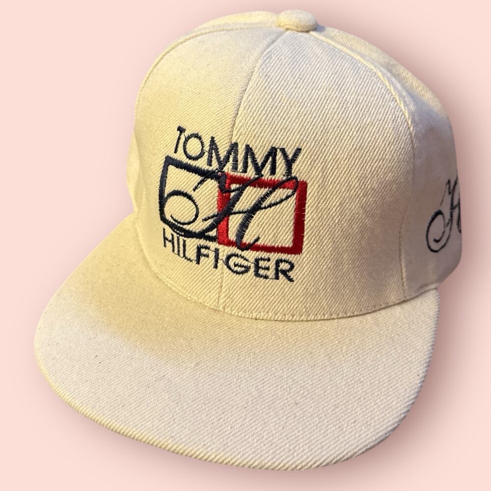 Tommy Hilfiger Script Logo Dad Hat Cap Strapback Clip Buckle Retro Cream Vtg